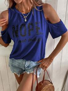 SHEIN LUNE Camiseta de mujer de hombros descubiertos con gráfico de eslogan - azul real - Ver 6