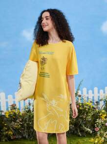 TOM & JERRY X SHEIN 標語和卡通圖案落肩袖睡裙 - 黃色 - 查看 4