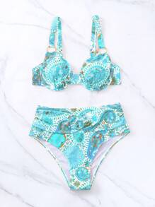 SHEIN Swim Bộ Bikini Nữ Xù Bộ lạc - Màu xanh bạc hà - Xem 5