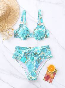 SHEIN Swim Bộ Bikini Nữ Xù Bộ lạc - Màu xanh bạc hà - Xem 8