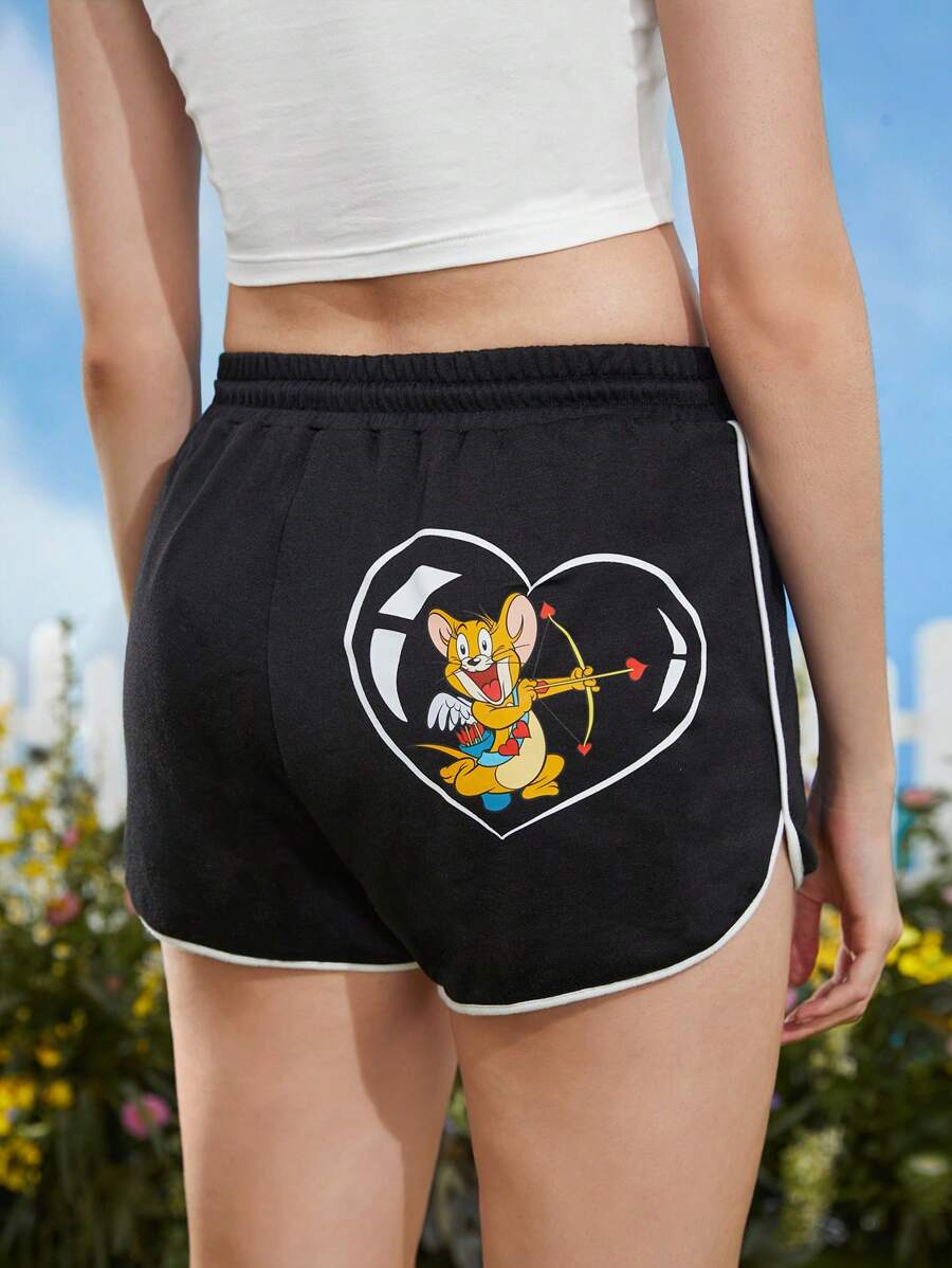 TOM & JERRY X SHEIN Quần đùi nữ Dây kéo Tương phản ràng buộc Hoạt hình Lá thư Giải trí - màu đen - Xem 1