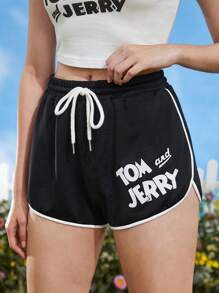 TOM & JERRY X SHEIN Quần đùi nữ Dây kéo Tương phản ràng buộc Hoạt hình Lá thư Giải trí - màu đen - Xem 5