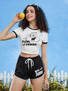 TOM & JERRY X SHEIN Quần đùi nữ Dây kéo Tương phản ràng buộc Hoạt hình Lá thư Giải trí - màu đen - Xem 8