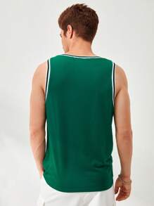 Manfinity RebelGame 男士棉字母圖案條紋飾邊背心上衣 - 綠色 - 查看 2