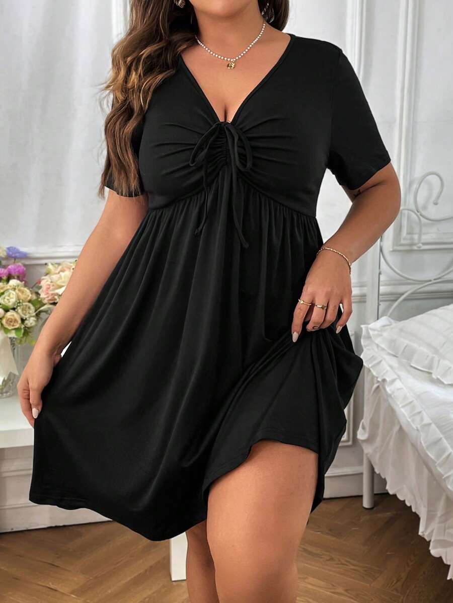 Celure Plus Drawstring Front A-line Dress - Black - View 1
