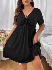 Celure Plus Drawstring Front A-line Dress - Black - View 3