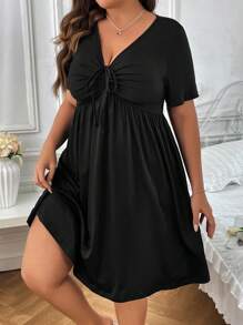 Celure Plus Drawstring Front A-line Dress - Black - View 4