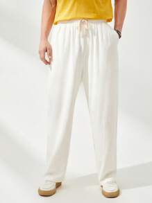 GENTILAND Men Solid Drawstring Waist Straight Leg Trousers - White - View 1