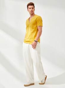 GENTILAND Men Solid Drawstring Waist Straight Leg Trousers - White - View 3