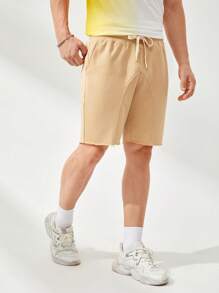 GENTILAND Men Cotton Drawstring Waist Solid Shorts - Apricot - View 5