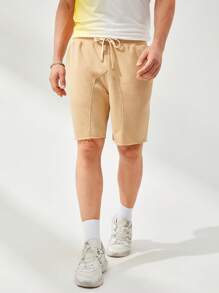 GENTILAND Men Cotton Drawstring Waist Solid Shorts - Apricot - View 6