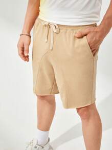 GENTILAND Men Cotton Drawstring Waist Solid Shorts - Apricot - View 7
