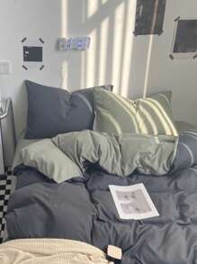 Bộ đồ giường 3 món màu xám đậm và xanh lá cây cho ký túc xá hoặc phòng ngủ, vỏ chăn siêu mềm và 2 vỏ gối, không có ruột, có thể giặt bằng máy - Xám - Xem 1