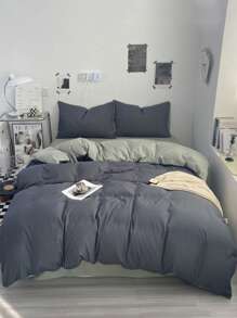 Bộ đồ giường 3 món màu xám đậm và xanh lá cây cho ký túc xá hoặc phòng ngủ, vỏ chăn siêu mềm và 2 vỏ gối, không có ruột, có thể giặt bằng máy - Xám - Xem 2