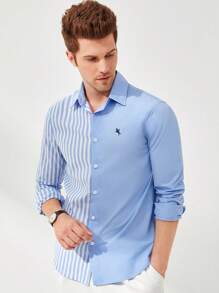 Manfinity VCAY Men Cotton Striped & Horse Print Shirt - Blue and White - View 6