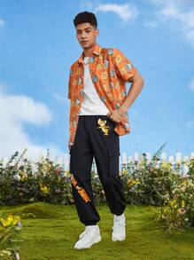 TOM & JERRY X SHEIN 男士卡通和字母圖案翻蓋口袋工裝褲 - 黑色 - 查看 3