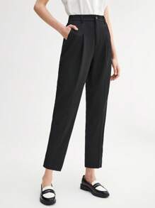 BizChic Women's Black Solid Pleated 7/8 Length Suit Pants, Side Pockets, Versatile For Urban Commute, Business, Casual, Office Wear, Autumn/Winter