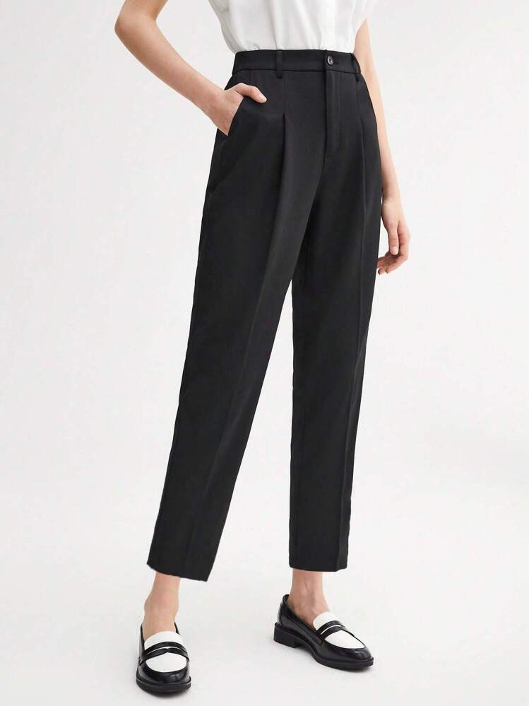 BizChic Calça de Terno Plissada Preta Sólida Feminina, com Bolsos Laterais, Versátil para Transporte Urbano, Negócios, Casual, Uso no Escritório, Outono/Inverno - Preto - Visão 1