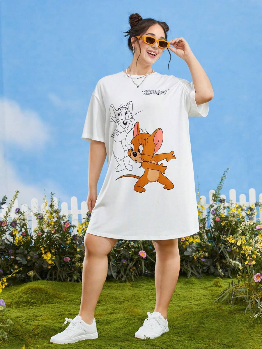 TOM & JERRY X SHEIN Đầm Plus Size Hoạt hình Lá thư Giải trí - trắng - Xem 1