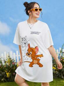 TOM & JERRY X SHEIN Đầm Plus Size Hoạt hình Lá thư Giải trí - trắng - Xem 5