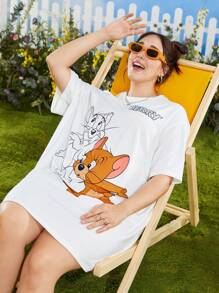 TOM & JERRY X SHEIN Đầm Plus Size Hoạt hình Lá thư Giải trí - trắng - Xem 8