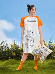 TOM & JERRY X SHEIN Plus Cartoon & Letter Graphic Raglan Sleeve Nightdress - Multicolor - View 5