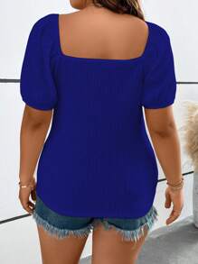 SHEIN LUNE 大碼前打結泡泡袖雞心領口T恤 - 寶藍色 - 查看 2