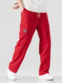 Manfinity Hypemode Men Letter Patched Flap Pocket Side Drawstring Waist Cargo Pants - Red - View 1
