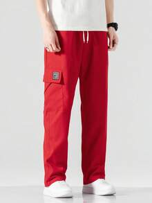 Manfinity Hypemode Men Letter Patched Flap Pocket Side Drawstring Waist Cargo Pants - Red - View 3