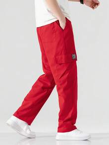 Manfinity Hypemode Men Letter Patched Flap Pocket Side Drawstring Waist Cargo Pants - Red - View 5