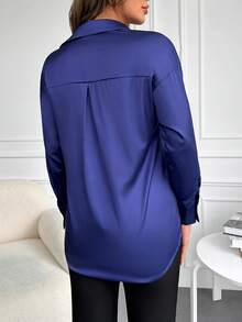 素色前紐扣緞面襯衫 - 藍色 - 查看 2