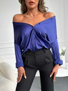 素色前紐扣緞面襯衫 - 藍色 - 查看 3