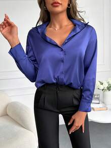 素色前紐扣緞面襯衫 - 藍色 - 查看 5