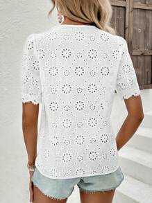 SHEIN LUNE 鏤空蕾絲花邊泡泡袖網眼刺繡襯衫 - 白色 - 查看 2