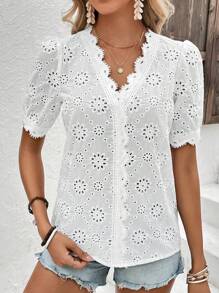 SHEIN LUNE 鏤空蕾絲花邊泡泡袖網眼刺繡襯衫 - 白色 - 查看 3