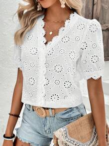 SHEIN LUNE 鏤空蕾絲花邊泡泡袖網眼刺繡襯衫 - 白色 - 查看 4