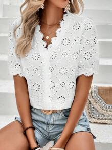 SHEIN LUNE 鏤空蕾絲花邊泡泡袖網眼刺繡襯衫 - 白色 - 查看 5