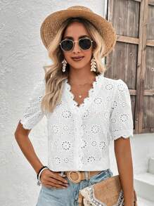 SHEIN LUNE 鏤空蕾絲花邊泡泡袖網眼刺繡襯衫 - 白色 - 查看 6