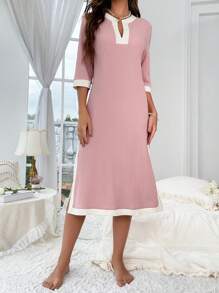 Contrast Trim Split Hem Nightdress - Pink - View 3