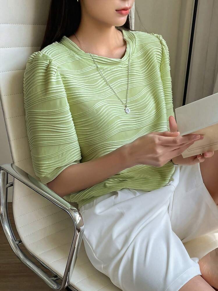 Solid Puff Sleeve Blouse - Lime Green - View 5