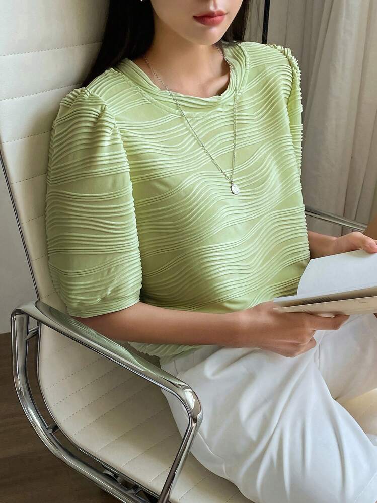 Solid Puff Sleeve Blouse - Lime Green - View 8