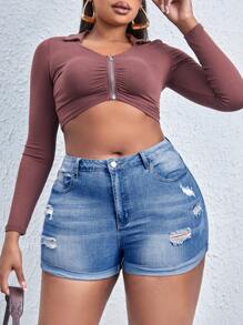 SHEIN EZwear Plus Ripped Roll Up Hem Denim Shorts - Medium Wash - View 3