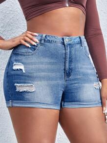 SHEIN EZwear Plus Ripped Roll Up Hem Denim Shorts - Medium Wash - View 4