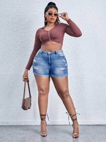 SHEIN EZwear Plus Ripped Roll Up Hem Denim Shorts - Medium Wash - View 5