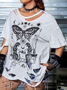 ROMWE PUNK T-shirt rock à motif papillon et figure déchiré - Blanc - Voir 6