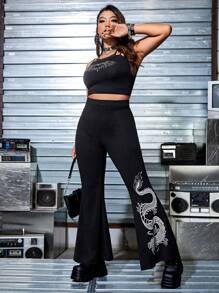 ROMWE PUNK Plus Rock Chinese Dragon Graphic Flare Leg Trousers - Black - View 3