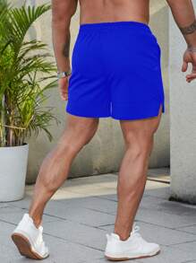 Manfinity Homme 休閒抽繩 口袋純色男士短褲 - 寶藍色 - 查看 2