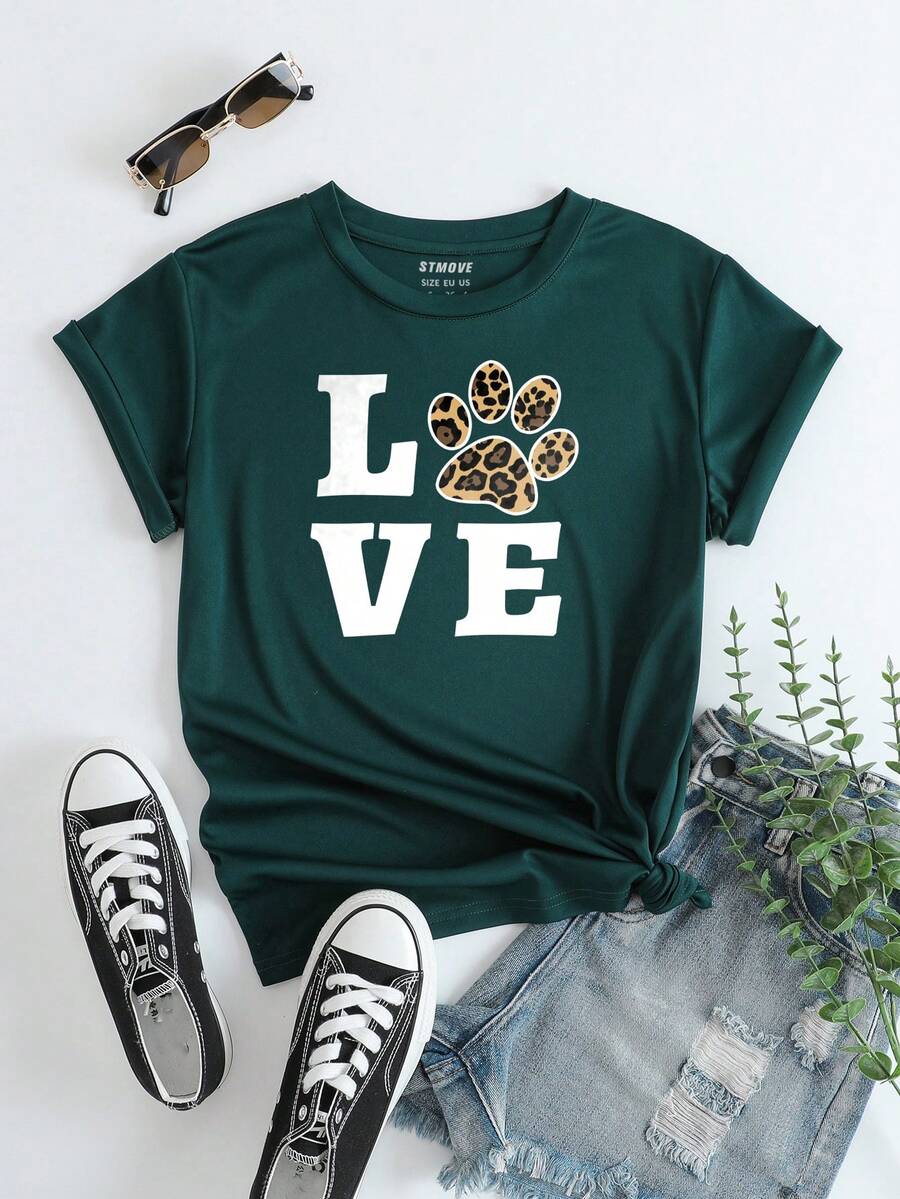 SHEIN LUNE Leopard & Letter Graphic Tee - Dark Green - View 1