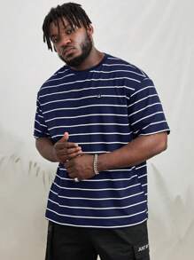 EASEVO Men Plus Striped Print Patched Detail Tee - Navy Blue - View 1
