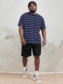 EASEVO Men Plus Striped Print Patched Detail Tee - Navy Blue - View 3